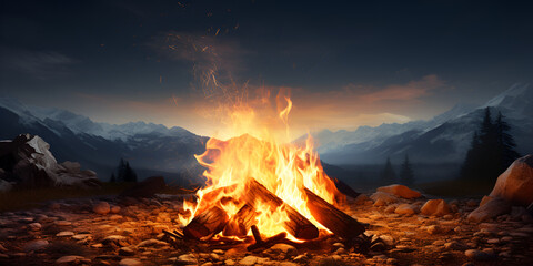 camp fire in the forest at night darkness warmth fiery behind mountains background