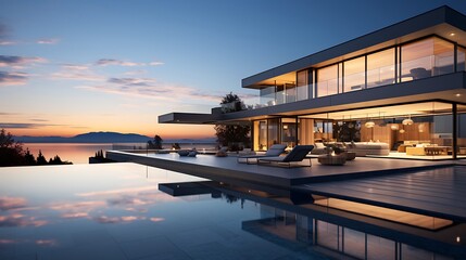 Modern Luxury House With Infinity Pool At Dawn 