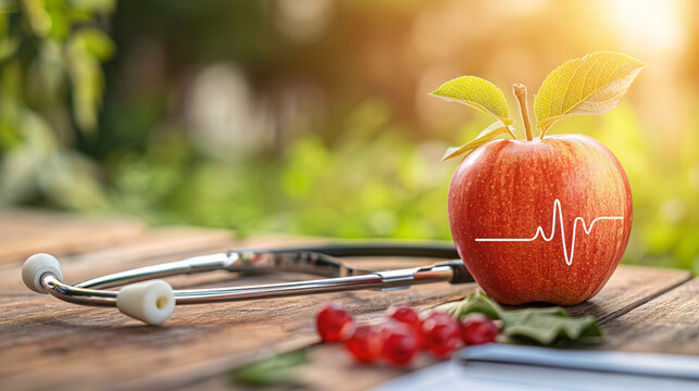 Heartbeat line on red apple and stethoscope, healthy heart diet concept background High detailed,high resolution,realistic and high quality photo professional photography