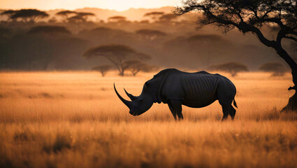 Rhino grazing at sunset.