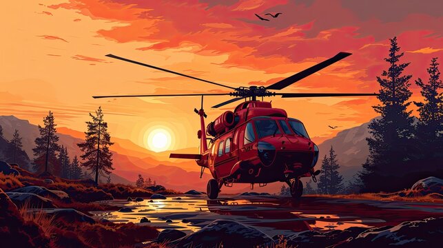 An inspiring illustration with a vibrant red hue, illustrating paramedics and emergency medical technicians working together in a high-stakes rescue operation, designed using a modern flat design styl