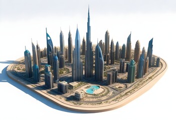 Panoramic view of a Dubai United Arab Emirates modern city skyline with Burj Khalifa skyscrapers and a tall tower, 