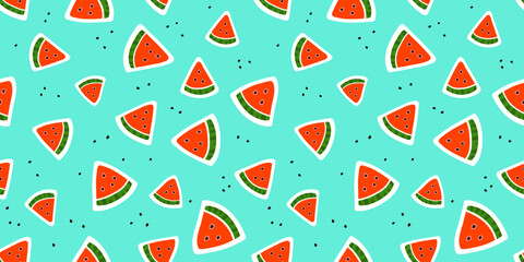 Cute watermelon slices and seeds seamless pattern tile, summer fruit print for textiles, apparel and gift wrap