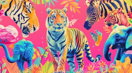 A vibrant illustration of animals for kids, set against a solid pastel background, blending simplicity with electric colors to spark imagination, 