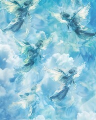 Artwork featuring multiple angels from other perspectives, depicted in watercolor against a blue sky background, showcasing divine diversity, 