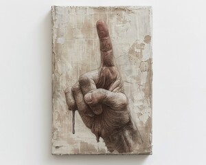 Cotton and linen canvas featuring a rustic depiction of tears and an index finger pointing upwards, urging ecological consciousness through art, 