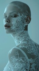 The image features a model with lace-patterned facial art against a blue-toned background, projecting a futuristic vibe