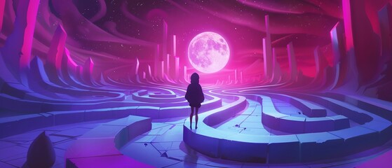 Midnight confession in a romantic, abstract labyrinth, portrayed in a vibrant childrens cartoon illustration, perfect for a poster on a white background, 
