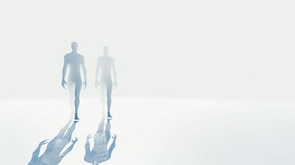 A minimalist scifi scene, illustrating a single soul inhabiting two bodies, rendered in vector illustration against a clean white backdrop, 