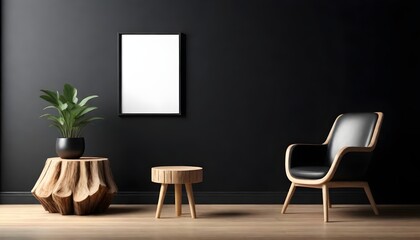 two chairs and table in a room with frame on wall 