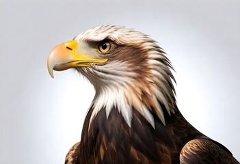 Fototapeta premium Close-up of a bald eagle's head with detailed feathers, a sharp yellow beak against a plain light background