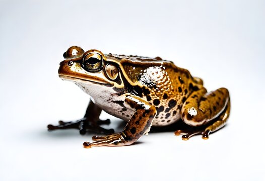 Close-up of a frog with large eyes sitting against a white background