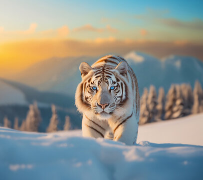 Majestic White Tiger in the Snow | Beautiful White Tiger Walking on Snowy Forest | Big Cat Tiger with Elegant Blue Eyes in Cold Weather | Tigris Feline Predator in the Jungle | Dangerous Tiger Hunting