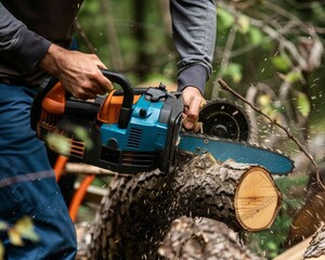 Action shot of a man using a chainsaw to cut a tree in a forest, highlighting the intensity and expertise required for such a task