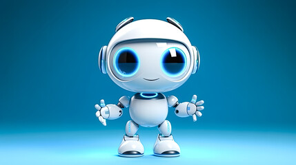 A robot with blue eyes and a smile is standing on a blue background