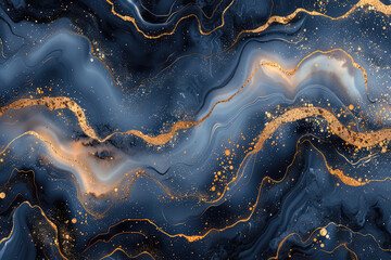 Abstract blue and gold marble background, detailed fluid pattern with glittery sparkly effects. Created with Ai