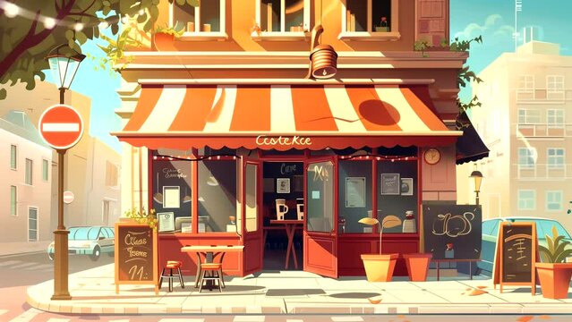 Exterior cafe at morning sunrise with cozy lamp. seamless looping 4k time-lapse animation video background