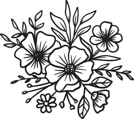 Hand-drawn floral arrangement outlines design flowers and leaves bouquet. Sketch design of floral decorative