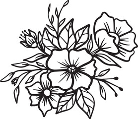 Hand-drawn floral arrangement outlines design flowers and leaves bouquet. Sketch design of floral decorative