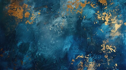 An abstract painting with a rich texture of blue and gold tones, evoking depth and emotion in a...
