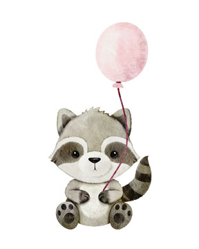watercolor raccoon holding pink balloon