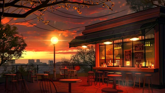 Exterior cafe at sunset with cozy lamp. seamless looping 4k time-lapse animation video background