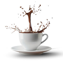 floating cup of coffee and white plate falling on transparency background PNG
