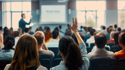 Businesswoman raising hand up to ask question with speaker in seminar conference, raise hands up to agree or vote for comments in the meeting.