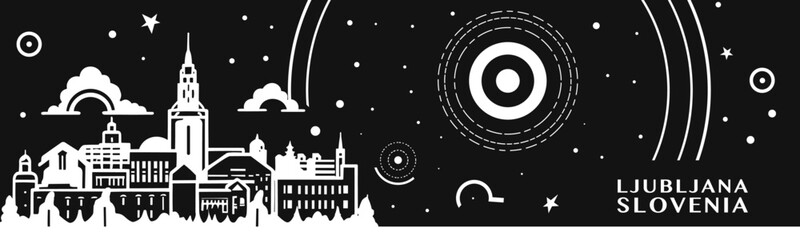 Ljubljana city vintage banner with abstract black and white cityscape and skyline. Chalkboard vector horizontal illustration for Slovenia capital