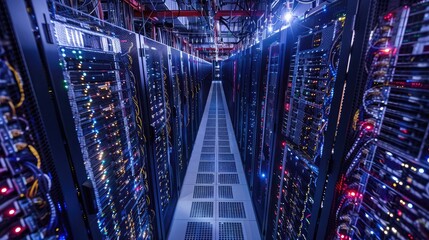 An aerial view of a sprawling data center, with rows of servers humming quietly as they process...