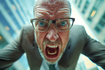 An angry man in a suit and tie is shouting, an angry boss in a suit and glasses is yelling at the camera against the backdrop of skyscrapers