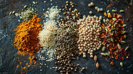 Assorted spices and seeds in a flat lay arrangement