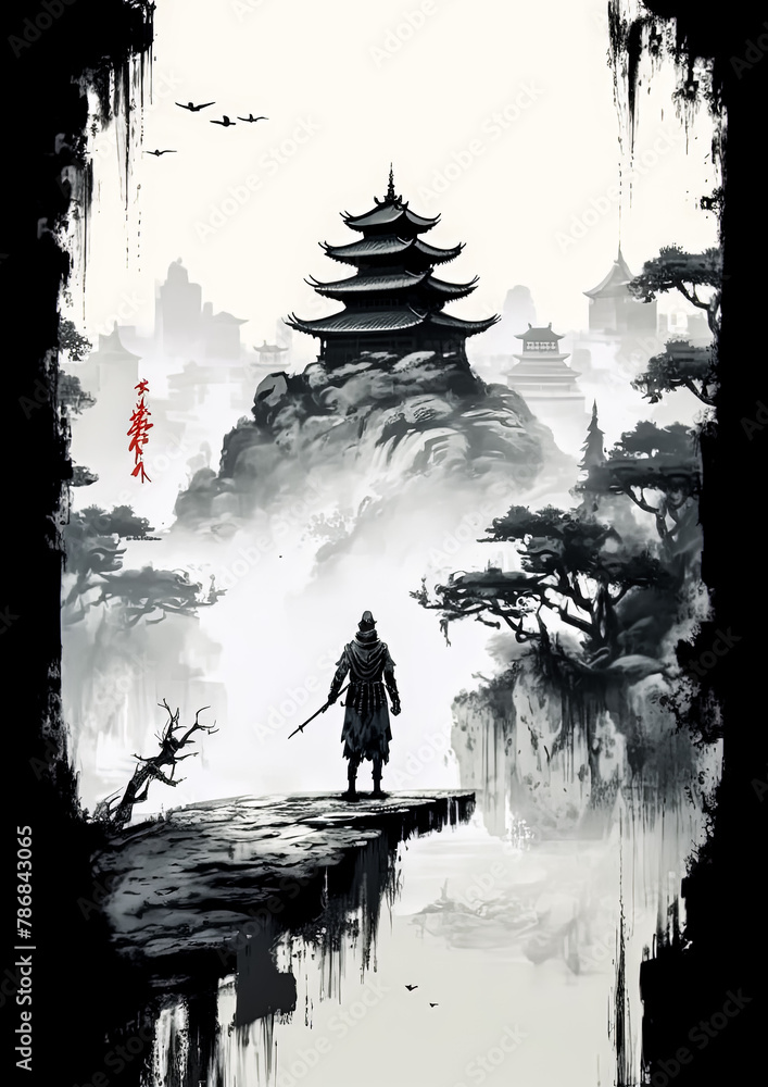 Poster a man is walking through a forest with a hat on.