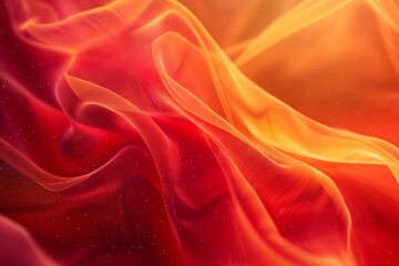 Obraz premium 3D rendering of an abstract background with flowing red and orange waves of fabric. Soft light and blurred smoke along with stars appear at the edges of the composition. Digital art for design