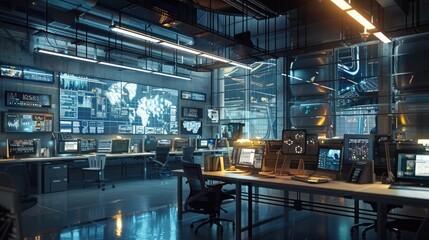 An advanced artificial intelligence research facility buzzing with activity, where teams of scientists and engineers collaborate to develop intelligent systems capable of learning, reasoning,  - obrazy, fototapety, plakaty