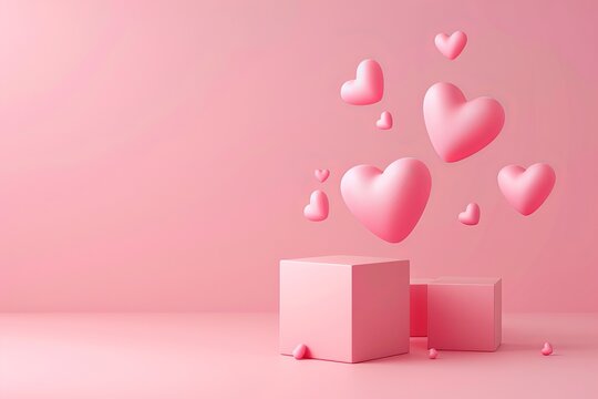 3d rendering of valentine's day concept with flying hearts and cube box on pink background. Valentine mockup design for banner, poster or presentation. Love symbol