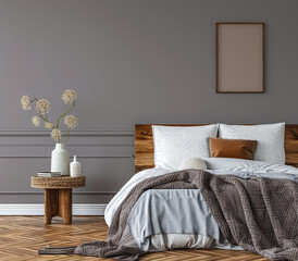 Serene bedroom with minimalist elegant decor and natural light. Interiors composition.