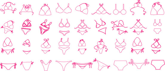 Bikini, swimwear, fashion, vector illustration. Summer beachwear styles, trends. Modern, classic designs, pink outlines. Women’s clothing for vacation, resortwear