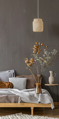 Serene bedroom with minimalist elegant decor and natural light. Interiors composition.