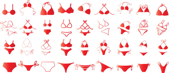 Red bikini vector icons set, showcasing diverse top and bottom designs. Ideal for fashion, retail, summer, beachwear content