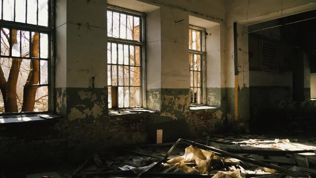 The building is in a state of severe disrepair, with damaged walls and broken windows. Wooden debris and miscellaneous rubbish lying on the floor. An atmosphere of decay and desolation
