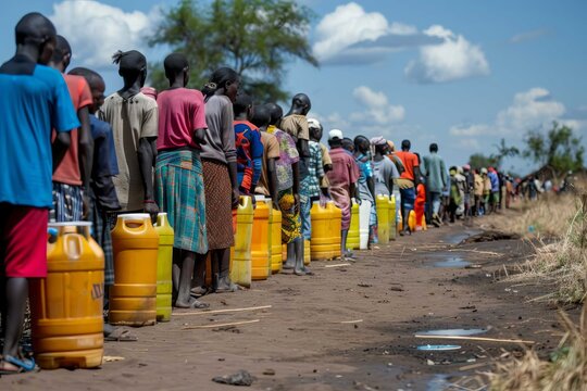 A line of people waiting at a water distribution point, demonstrating the demand for clean water during the drought.
