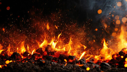 炎。火の粉。たき火の背景素材。キャンプファイヤー。火が燃えるイメージ素材。flame. sparks. Bonfire background material. campfire. Image material of burning fire. - obrazy, fototapety, plakaty