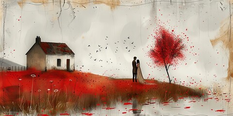 painting of A couple and a house with a red roof nestled by a lake under a gray sky, with mountains in the distance and birds flying overhead.