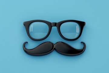 3d render of cute cartoon moustache and glasses on blue background