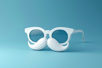 3d render of cute cartoon moustache and glasses on blue background