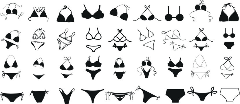 Bikini vector icon set, black silhouette of bikini, outline, swimwear, fashion, summer, beachwear.  tops and bottoms in various styles, halter necks, bandeaus, triangle tops, high waisted, string