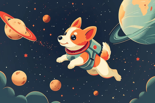 Cute cartoon dog astronaut with stars and planets in space for kid poster.