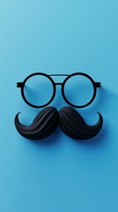 3d render of cute cartoon moustache and glasses on blue background