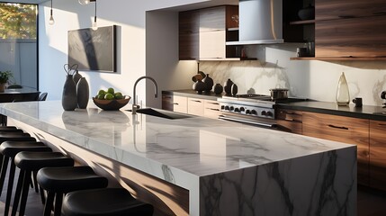 Modern minimalist kitchen with long island. Backsplash in focus 